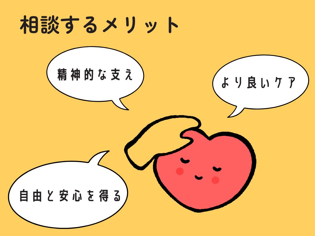 相談するメリット
・精神的な支えになる
・より良いケアができる
・自由と安心を得られる