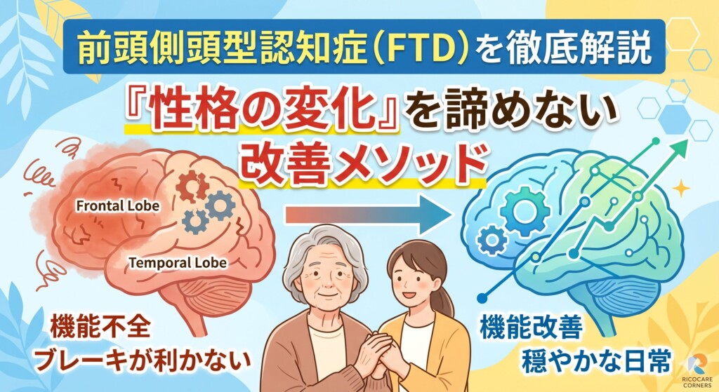 認知症の中でも、アルツハイマー型とは全く異なる経過をたどる「前頭側頭型認知症（FTD）」。 物忘れよりも先に「性格の変化」や「反社会的な行動」が目立つため、ご家族は「あんなに優しかった人がなぜ？」と、病気だと気づかぬまま深く傷ついているケースが少なくありません。 2026年現在、脳科学の進歩により、こうした行動異常の裏にある生理学的なメカニズムが次々と解明されています。 リコケアコナーズでは、前頭側頭型認知症を「単なる脳の萎縮」と捉えるのではなく、脳の特定の回路における「機能不全」と定義しています。 適切な水分補給、栄養管理、そして前頭葉を狙い撃ちしたリハビリテーションを組み合わせることで、暴走する脳のブレーキを再び効かせ、穏やかな日常を取り戻すことは決して不可能ではありません。 本記事では、現役ケアマネジャーと認知症リハビリテーション専門士の視点から、FTDの正体と具体的な改善戦略を詳しく解説します。 1. 前頭側頭型認知症（FTD）の基礎知識と2026年現在の最新知見 前頭側頭型認知症（FTD）は、脳の前方にある「前頭葉」と、横側にある「側頭葉」が中心となって萎縮していく疾患です。 アルツハイマー型が「記憶」を司る海馬からダメージを受けるのに対し、FTDは「社会性」「感情の制御」「言語」を司る領域が最初に侵されます。 2026年の臨床現場では、特に65歳未満で発症する「若年性認知症」の主要な原因の一つとして、その早期発見と生理学的介入の重要性が叫ばれています。 最大の特徴は、病初期において「記憶力や計算能力が保たれている」ことです。 そのため、一般的な認知機能テストでは異常が見つかりにくく、診断が遅れる要因となっています。 しかし、脳内では「タウタンパク」や「TDP-43」といった異常タンパクの蓄積に加え、微細な炎症が持続的に発生しており、これがブレーキの利かない行動や言葉の詰まりを引き起こします。 最新の知見では、こうした脳の炎症が「腸内環境」や「慢性的な脱水」によって悪化することが証明されています。 リコケアコナーズでは、この生理学的な土台を整えることが、薬物療法以上にFTDの改善に寄与すると考えています。 2. 前頭側頭型認知症の主な症状と、周囲が「性格が変わった」と感じる理由 FTDの症状は、大きく分けて「行動の異常」と「言葉の異常」に分類されますが、最もご家族を困惑させるのが行動面の変化です。 昨日まで常識的だった人が、突然他人の物を盗んだり、家族に対して冷淡な態度をとったりするようになります。 これは性格が歪んだのではなく、脳の「抑制機能（ブレーキ）」を司る前頭葉が正常に働かなくなった結果、本能や衝動が剥き出しになっている状態なのです。 社会的行動の障害と「ブレーキが利かない」脳の状態 前頭葉は人間を人間たらしめる「最高中枢」であり、社会的なルールを守ったり、他人の感情を推察したりする役割を担っています。 ここが機能不全に陥ると、いわゆる「脱抑制（だつよくせい）」という状態になります。 具体的には、列に並ばずに割り込む、不謹慎な場でも平気で冗談を言う、性的・暴力的な衝動を抑えられないといった行動が現れます。 また、万引きや信号無視などの軽犯罪を、罪悪感なく繰り返してしまうのも特徴です。 2026年の認知症リハビリテーションにおいて、この脱抑制は「脳のエネルギー不足と炎症」のサインと捉えられます。 脳が十分に潤い、栄養が供給されていれば、低下した部位を他の回路が補おうとする「可塑性（かそせい）」が働きますが、脱水や低栄養の状態では脳はパニックに陥り、原始的な本能を暴走させてしまいます。 ご家族は「わざとやっているのではないか」と怒りを感じるかもしれませんが、まずは「脳の物理的な故障」であることを理解し、叱責ではなく、脳の生理環境を整えるアプローチに切り替えることが、改善への第一歩となります。 この視点を持つだけで、介護者の心理的負担は劇的に軽減されます。 常同行動と食生活の変化：同じものを食べ続け、同じ道を歩く意味 FTDのもう一つの顕著な特徴が「常同（じょうどう）行動」です。 これは、毎日決まった時間に同じコースを散歩する（時刻表的生活）、同じ食べ物ばかりを大量に食べ続ける（嗜好の変化）、同じ言葉を繰り返すといった「こだわりの強さ」として現れます。 特に食生活の変化は激しく、甘いものや味の濃いものを過剰に欲しがる「過食」が見られることが多く、これが肥満や糖尿病を招き、さらに脳の炎症を加速させるという悪循環を生みます。 なぜこのような行動をとるのか。 それは、混乱した脳にとって「同じことの繰り返し」が唯一の安心材料になっているからです。 側頭葉がダメージを受けることで新しい刺激への適応力が失われ、脳は既知のパターンに固執することで自分を守ろうとします。 リコケアコナーズの改善メソッドでは、この「こだわり」を無理に矯正するのではなく、逆手に取ります。 例えば、決まった散歩コースに「脳トレ」の要素を組み込んだり、決まった食事の時間に「改善に有効な栄養素」を忍込ませたりすることで、生活リズムを壊さずに脳を活性化させていきます。 本人のこだわりを「症状」として排除するのではなく、「リハビリの導線」として活用する。 この発想の転換が、FTDケアにおいて極めて重要です。 3. リコケアコナーズ流・前頭側頭型認知症の「改善」への生理学的アプローチ 「性格の変化だから治らない」と諦める必要はありません。 リコケアコナーズでは、脳の生理学的環境を劇的に改善することで、FTD特有の暴走を鎮め、穏やかな本来の姿を取り戻すメソッドを提供しています。 1日1.5リットルの水分摂取が「ブレーキ役」の前頭葉を蘇らせる FTDの改善において、私たちが何よりも優先するのが「水分補給」です。 脳の約80%は水分であり、特に前頭葉はその影響を敏感に受けます。慢性的な脱水状態にある脳は、神経伝達物質のバランスが崩れ、イライラや衝動性を増大させます。 FTDの方に見られる暴言や暴力、落ち着きのなさは、実は「脳の乾き」が引き起こしているケースが非常に多いのです。 1日1.5リットル以上の水分を、朝から夕方にかけてこまめに摂取することで、脳の血流が改善し、意識レベルが向上します。 血流が良くなれば、脳内の老廃物が排出されやすくなり、前頭葉の抑制機能が再び働き始めます。 実際に、水分量を増やしただけで「万引きの衝動が収まった」「穏やかに会話ができるようになった」という事例は数多く存在します。 2026年の最新ケアでは、単に水を飲むだけでなく、細胞内に水分を届けるためのミネラルバランスも重視しています。 脳に水を行き渡らせることは、枯れかけた植物に水を与えるのと同じです。 土台となる「水」がなければ、どんな高価な薬も、高度な脳トレも効果を発揮しません。 栄養管理と腸内環境の改善：脳の炎症を抑える食事療法の実践 脳の炎症を鎮めるためには、食事からのアプローチが不可欠です。 FTDの方は甘いものを好む傾向がありますが、過剰な糖質は血糖値を乱高下させ、脳に「糖化」というダメージを与えます。 さらに、リコケアコナーズでは「グルテンフリー（小麦抜き）」と「カゼインフリー（乳製品抜き）」を強く推奨しています。 これらは腸内で未消化のタンパク質として残りやすく、腸壁を荒らして「リーキーガット（腸漏れ）」を引き起こします。 腸で発生した炎症物質や未消化のタンパク質が血液に乗って脳に達すると、前頭葉の炎症をさらに悪化させ、行動異常を誘発します。 「脳腸相関」という言葉がある通り、腸の乱れは脳の乱れに直結するのです。 2026年の改善メソッドでは、腸内環境を整えることで脳内の神経伝達物質（セロトニンやドーパミン）の生成を安定させ、情緒の安定を図ります。 また、脳のエネルギー源として良質な脂質（オメガ3系脂肪酸やMCTオイル）を摂取することで、萎縮が進む脳細胞をサポートします。 食事を変えることは、脳の「燃料」を高品質なものに変えること。 これにより、FTD特有の「こだわり」や「暴食」といった症状の緩和が期待できます。 4. 前頭葉を活性化し、社会性を取り戻す「機能別リハビリテーション」 生理学的な土台が整ったら、次は具体的な「脳のリハビリ」です。 FTDの場合、記憶のドリルをやらせるよりも、「計画を立てる」「感情を整理する」「言葉を引き出す」といった、前頭葉・側頭葉に特化した刺激が必要です。 遂行機能トレーニングと「役割」の再獲得 FTDの方は、複数の工程を順序立てて行う「遂行機能（すいこうきのう）」が低下しています。 これが、料理ができなくなったり、仕事でミスを連発したりする原因です。 リハビリでは、ご本人の得意だった活動を工程ごとに細分化し、一つずつ成功体験を積んでもらいます。 例えば、洗濯物を「畳む」「色ごとに分ける」「しまう」という単純な作業でも、前頭葉を刺激する立派なトレーニングになります。 重要なのは、ご本人に「役割」を持ってもらうことです。 「自分はまだ役に立っている」という自己肯定感は、脳内のドーパミン放出を促し、意欲の減退（アパシー）を改善します。 2026年のリハビリ現場では、地域社会と連携した「就労的リハビリ」も注目されています。 気仙沼のような温かいコミュニティの中で、掃除や簡単な手伝いを通じて社会と接点を持ち続けることは、閉ざされがちなFTDの脳を再び開く鍵となります。 リコケアコナーズは、ご本人が「一人の人間」としての尊厳を持ち、社会の中で粋に生きるための伴走を続けています。 5. 家族の負担を減らし、ご本人の尊厳を守るための具体的な対応戦略 FTDの介護は、他の認知症に比べて家族の精神的・肉体的消耗が激しいのが現実です。 「本人は平然としているのに、家族だけが泣いている」という状況を打破するために、2026年現在の賢い対応戦略を整理しました。 介護保険制度の戦略的活用と「レスパイト」の徹底 FTDの症状（徘徊、万引き、過食など）を家族だけで抑え込むのは不可能です。 まずはケアマネジャーに相談し、ご本人の「こだわり」や「常同行動」を安全に発散できるデイサービスや施設を選定することが不可欠です。 2024年の報酬改定以降、行動障害に対する専門的なケアを提供する事業所への評価も高まっており、個別の特性に合わせたケアプランの作成が可能になっています。 何より大切なのは、家族の「レスパイト（休息）」です。 ご本人の行動に振り回され、家族が倒れてしまっては「改善」への道は途絶えてしまいます。 「介護保険はご本人のためだけでなく、家族が自分の人生を取り戻すためにある」という認識を持ってください。 例えばショートステイを定期的に利用し、物理的な距離を置くことで、冷静に改善メソッドを実践する活力が生まれます。 リコケアコナーズでは、制度活用のプロであるケアマネジャーの視点から、家族が孤立しないためのネットワーク作りを全力でサポートします。