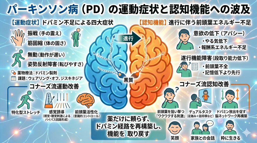パーキンソン病（PD）の運動症状と認知機能への波及