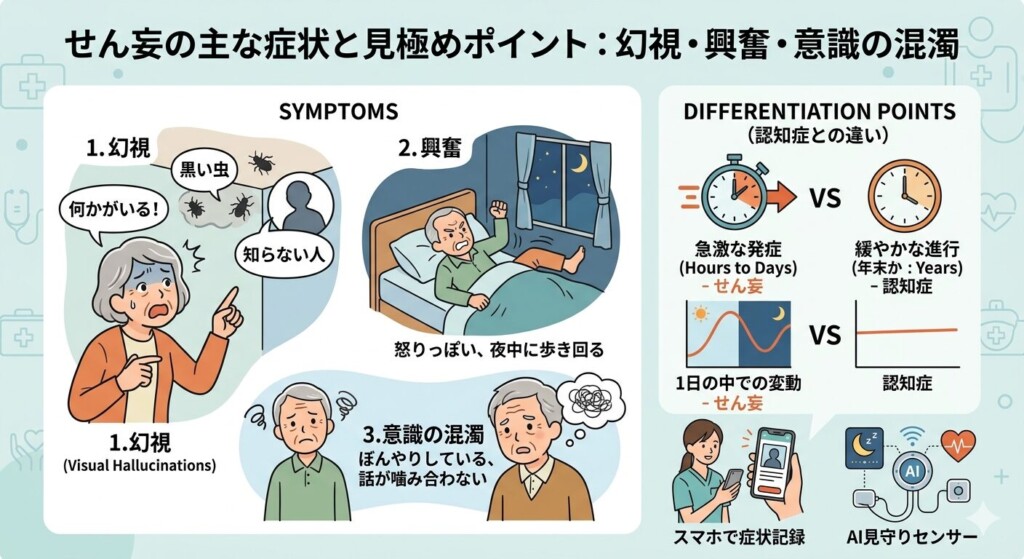 せん妄の主な症状と見極めポイント：幻視・興奮・意識の混濁