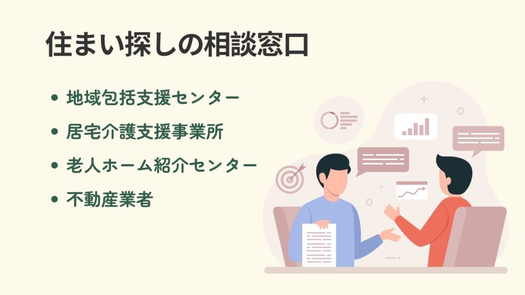 住まい探しの相談窓口
・地域包括支援センター
・居宅介護支援事業所
・老人ホーム紹介センター
・不動産業者