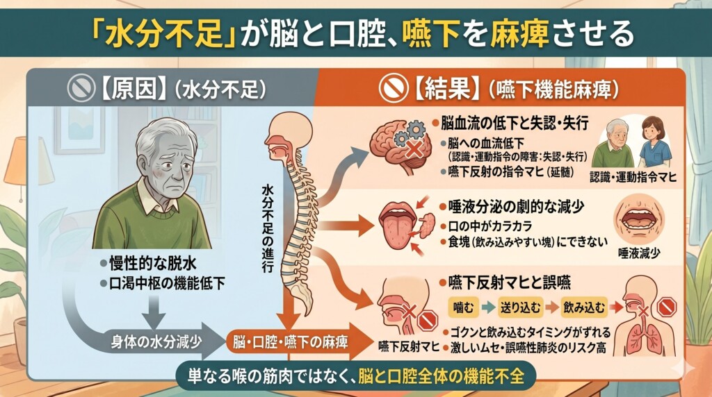 見落とされがちな「水分不足」が脳の血流と唾液分泌、嚥下反射を麻痺させる