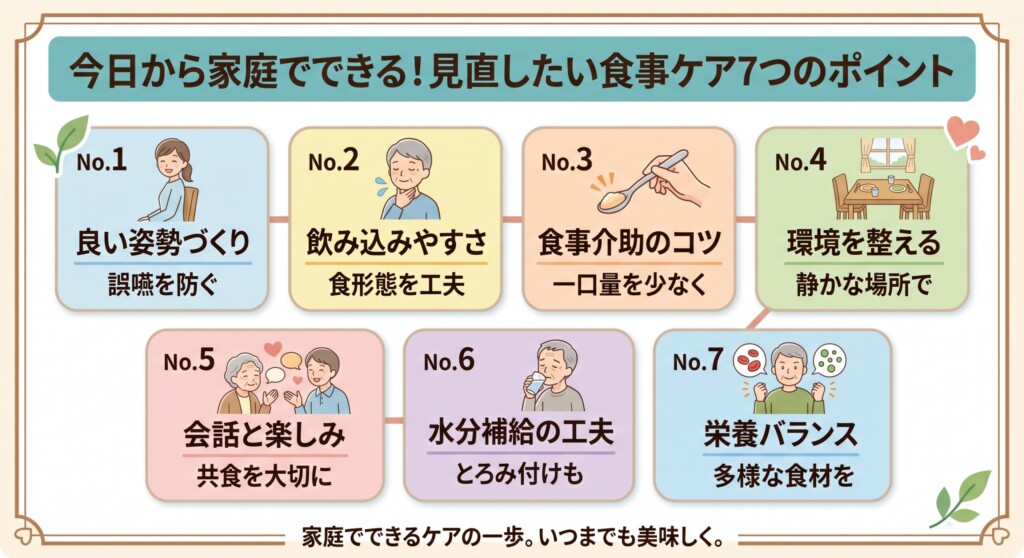 今日から家庭でできる！見直したい食事ケア7つのポイント