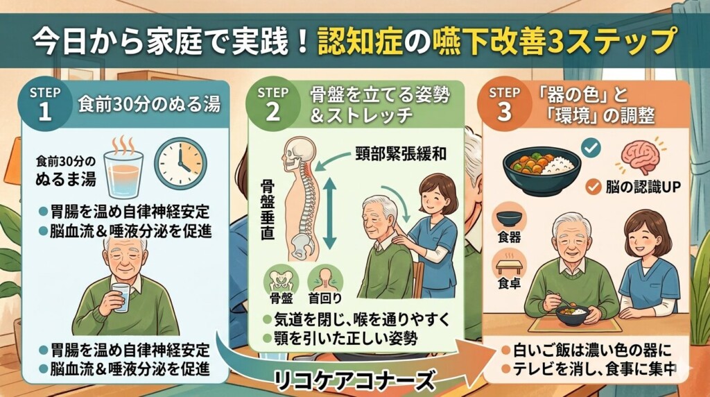 今日からご家庭で実践できる!認知症の家族が「ゴクン」と飲み込めるようになる3ステップ