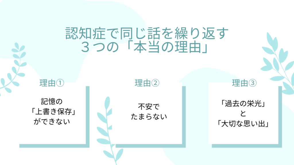 認知症で同じ話を繰り返す3つの「本当の理由」
理由①:記憶の「上書き保存」ができない
理由②:不安でたまらない
理由③:「過去の栄光」と「大切な思い出」