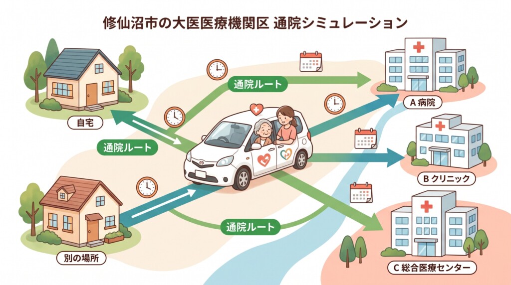 気仙沼市内の主要医療機関への通院シミュレーション