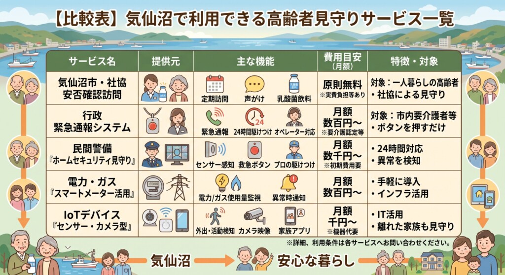 【比較表】気仙沼で利用できる高齢者見守りサービス一覧