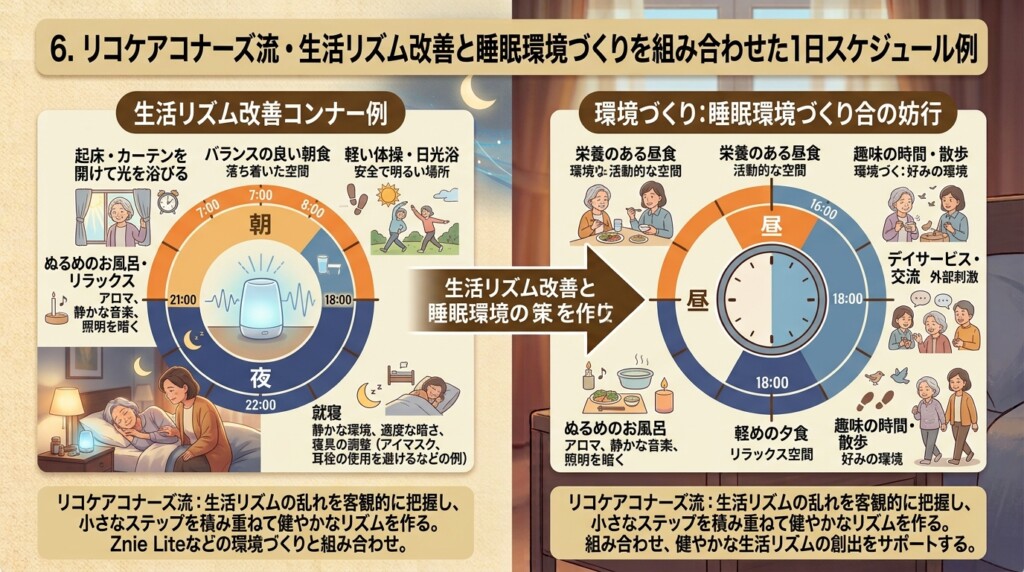 6. リコケアコナーズ流・生活リズム改善と睡眠環境づくりを組み合わせた1日スケジュール例