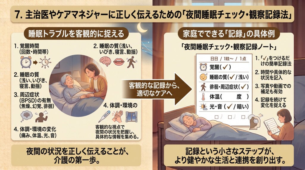 7. 主治医やケアマネジャーに正しく伝えるための「夜間睡眠チェック・観察記録法」