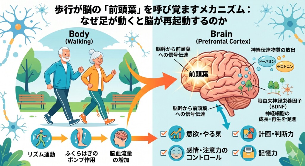 歩行が脳の「前頭葉」を呼び覚ますメカニズム：なぜ足が動くと脳が再起動するのか