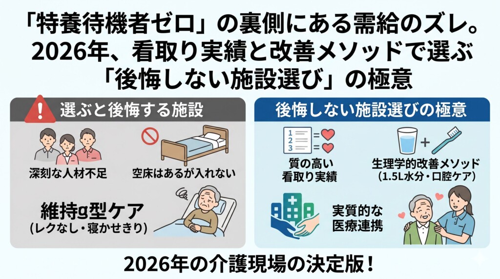 2026年現在、日本の高齢者介護は歴史的な転換点を迎えています。 これまで介護施設選びの指標とされてきた「特養（特別養護老人ホーム）の待機者数」という数字は、もはやその施設の実力や入りやすさを測る基準としては機能しなくなっています。 「数年待ちは当たり前」と言われた時代は過去のものとなり、地域によっては待機者がゼロに近い施設も現れています。 しかし、そこには「需給のズレ」という新たな、そしてより深刻な問題が潜んでいます。 私たち「リコケアコナーズ」は、宮城県気仙沼市の現場から20年以上にわたり高齢者福祉に携わってきた経験に基づき、単なる「空き」ではなく、本人の尊厳と改善を支える「哲学」を持った施設選びの極意を、生理学的知見から徹底的に解説します。 2026年の衝撃：なぜ「特養の待機者数」という数字は形骸化したのか？その裏側にある需給のズレの正体 かつて特養の入所申し込みをすれば、数百人待ち、3年待ちといった話が珍しくありませんでした。 しかし、2026年現在の統計を見ると、待機者数は全国的に減少傾向にあります。これを聞くと「施設に入りやすくなった」と喜ぶかもしれませんが、実態はそう単純ではありません。 そこには、施設側の「受け入れ能力」と家族側の「ニーズ」との間に生じた、深刻な「需給のズレ」が存在しています。 まず、待機者が減っている最大の要因の一つは、介護業界全体を襲う「深刻な人材不足」です。 建物には空き部屋があっても、そこで働く介護スタッフが足りないために、新規の入所を制限せざるを得ない施設が急増しています。 つまり「空床はあるが、入れない」という状況です。これは、待機者リストに載ることすらできない、あるいはリストが動かないという歪んだ形での待機者減を招いています。 次に、国が推進する「在宅シフト」の影響です。 2026年の制度改正により、重度化しても自宅で過ごすためのサポート体制が強化された結果、施設入所を検討するタイミングが「要介護4や5」になってからというケースが一般的になりました。 これにより、入所時の平均年齢や要介護度が上昇し、施設側にはこれまで以上の高度なケア技術、特に医療的ケアや看取りの体制が求められるようになっています。 しかし、多くの施設は依然として「預かり型」のケアから脱却できていません。 家族は「少しでも状態が良くなってほしい」「穏やかに過ごしてほしい」と願うのに対し、施設側は「事故を起こさず、現状を維持すること」に精一杯。 この「改善」と「維持」のズレこそが、入所後のトラブルや家族の後悔を生む元凶となっているのです。 施設を選ぶ際は、単に「入れるかどうか」ではなく、この需給のズレを埋めるだけの「ケアの哲学」があるかを厳しく見極める必要があります。 人材不足が招く「質の二極化」：空床があっても選ばれない施設の特徴 待機者が少ない施設の中には、人材確保に成功し、活気にあふれている「優良施設」もありますが、一方で「選ばれない理由」がある施設も混在しています。 人材不足はケアの質に直結します。 スタッフ一人あたりの負担が大きくなると、本来行うべき「本人の可能性を引き出すケア」が後回しにされ、効率を優先した「おむつ交換のルーチン化」や「安易な身体拘束（スピーチロック含む）」が蔓延します。 特に注意すべきは、人材不足を理由に「レクリエーションが全くない」「日中も寝かせきり」という状態に陥っている施設です。 生理学的視点で見れば、日中の活動がないことは脳への刺激を遮断し、認知症の周辺症状（BPSD）を悪化させる最大の要因となります。 待機者数が少ないという情報を聞いた際は、まず「なぜ少ないのか」を深掘りしてください。 職員の離職率が高くないか、職員の表情に余裕があるかを確認することが、需給のズレに巻き込まれないための第一歩です。 重度化する入所者と「医療・介護連携」のミスマッチ 入所者の重度化が進む2026年において、施設側の医療対応能力も需給のズレの大きな焦点となっています。 特養は「生活の場」ですが、実態は「療養の場」に近い役割を求められています。 しかし、配置医師（嘱託医）が週に数回しか来ない、夜間の看護体制が整っていないという施設では、急変時にすぐ入院となり、そのまま病院で最期を迎えるケースが後を絶ちません。 家族が「最期まで施設で」と望んでいても、施設側にその体制がなければ、望まない形での「看取り」となります。 2026年の施設選びでは、協力医療機関との連携が「形式的」なものか、それとも「実質的」なものかを見極める必要があります。 具体的には、施設内でどのような医療処置（点滴、経管栄養、吸引など）が可能で、どこまでの状態なら施設で対応し、どのラインで入院を判断するのかという明確な基準を持っているかを確認することが、需給のズレを防ぐ鍵となります。 良い施設を見抜くための「看取り実績」の質：数字に隠された「プロセス」と生理学的配慮 施設選びのパンフレットに記載されている「看取り実績：年間〇〇名」という数字。 2026年において、この数字自体に大きな意味はありません。 重要なのは、その「実績」がどのようなプロセスを経て積み上げられたかです。 看取りは、単に「施設で亡くなった」ことではありません。 最期まで一人の人間としての尊厳を守り、不必要な苦痛を取り除き、ご本人とご家族が納得できる時間を過ごせたかどうかが「質」を決定づけます。 生理学的な視点から見た「質の高い看取り」とは、身体の自然な衰えを尊重しつつ、細胞レベルでの渇きや飢えを最小限に抑えるケアを指します。 例えば、ターミナル期（終末期）に入った際に、すぐさま水分補給を完全にストップしてしまう施設があります。 しかし、適切な口腔ケアや微量の水分摂取を継続することで、口の中の不快感や意識の混濁を和らげ、最期まで穏やかな表情を保つことができるのです。 看取り実績を誇る施設であれば、入所検討時に「最期の数日間、どのようなケアを具体的に行っているか」を質問してください。 そこで「点滴でつなぎます」という回答ではなく、「最期までお口の潤いを保ち、好きな音楽をかけ、ご家族がいつでも寄り添える環境を整えます」といった、身体と心の両面に配慮した具体的な答えが返ってくる施設こそ、信頼に値します。 ※ご本人の状態によっては、本当に水分補給が出来ない場合もあるので、施設職員や医師と相談する必要はあります。 「枯れるような最期」を実現するための水分管理と栄養 「看取り実績」が豊富な施設の中でも、特に優れた施設は、終末期の「脱水」のコントロールに長けています。 人間の体は、死が近づくと自然に水分を受け付けなくなります。 これは、内臓の負担を減らし、穏やかに命の灯火を消していくための生理的なメカニズムでもあります。 しかし、日頃から重度の脱水状態にある人がそのまま看取り期に入ると、不必要な苦痛や幻覚、不穏（暴れるなどの行為）を招くことがあります。 質の高い施設は、看取り期に入る「前」の段階、つまり日常のケアにおいて1.5Lの水分摂取を徹底しています。 これにより、身体の基礎コンディションが整い、いざ看取り期に入った際にも、浮腫（むくみ）や喘鳴（ぜんめい：のどがゴロゴロ鳴ること）が少ない、いわゆる「枯れるような最期」を実現できるのです。 実績の数字の裏にある、こうした生理学的な裏付けを持ったケアが行われているかを確認することが、後悔しない施設選びの極意です。 家族とのコミュニケーション実績：意思決定支援の透明性 看取りの質を左右するもう一つの要素は、家族に対する「意思決定支援」の実績です。 入所者の状態が悪化した際、施設側がどのようなタイミングで、どのような説明を行い、家族の合意形成をサポートしているか。 2026年の優良施設は、このプロセスを非常に重視しています。 看取り実績が多い施設では、事前の「ACP（アドバンス・ケア・プランニング）」が徹底されています。 本人が元気なうちから、あるいは入所時に、どのような最期を迎えたいかを繰り返し話し合う機会を設けています。 「急変したから電話しました、どうしますか？」という場当たり的な対応ではなく、時間をかけて「納得」を積み上げてきた実績があるか。 入所相談時に「看取りに関する家族への説明資料や、過去の相談事例（プライバシーに配慮したもの）」を見せてくれる施設は、その実績に真実味があります。
