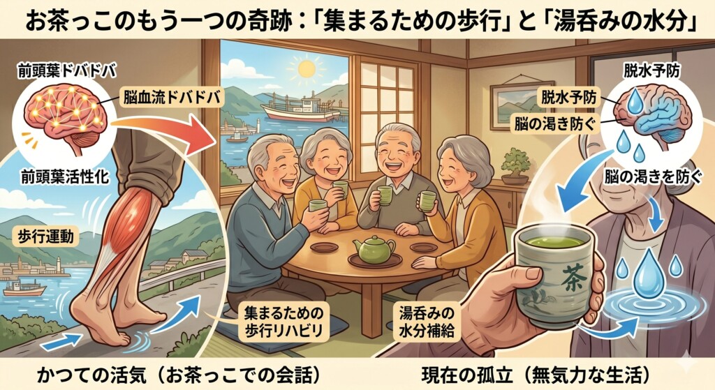 お茶っこのもう一つの奇跡：「集まるための歩行」と「湯呑みの水分」