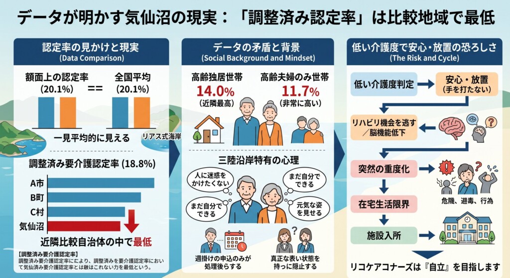 データが明かす気仙沼の現実：「調整済み認定率」は比較地域で最低