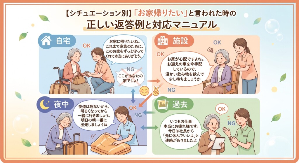 【シチュエーション別】「お家帰りたい」と言われた時の正しい返答例と対応マニュアル