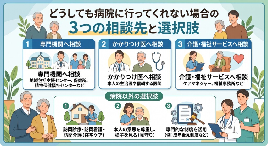 どうしても病院に行ってくれない場合の3つの相談先と選択肢