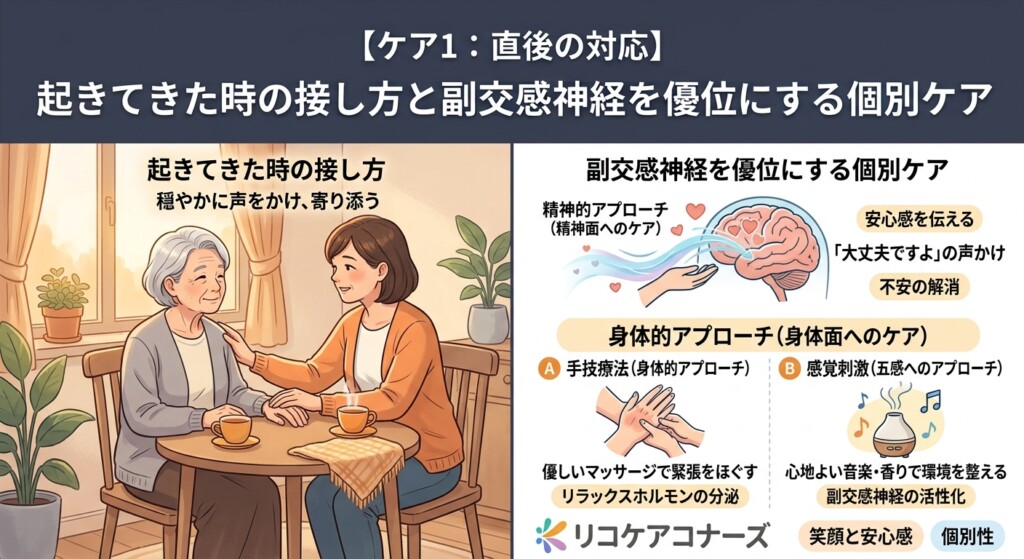 【ケア1:直後の対応】起きてきた時の接し方と副交感神経を優位にする個別ケア