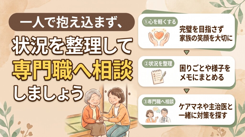一人で抱え込まず、状況を整理して専門職へ相談しましょう