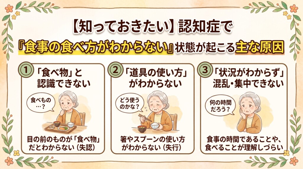 認知症で「食事の食べ方がわからない」状態が起こる主な原因
