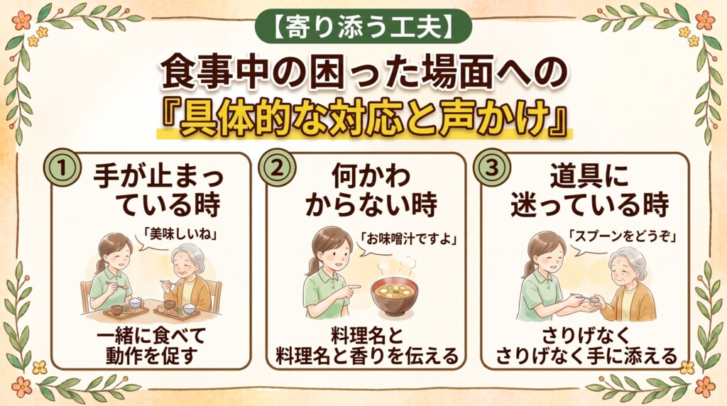 食事中の困った場面への具体的な対応と声かけ